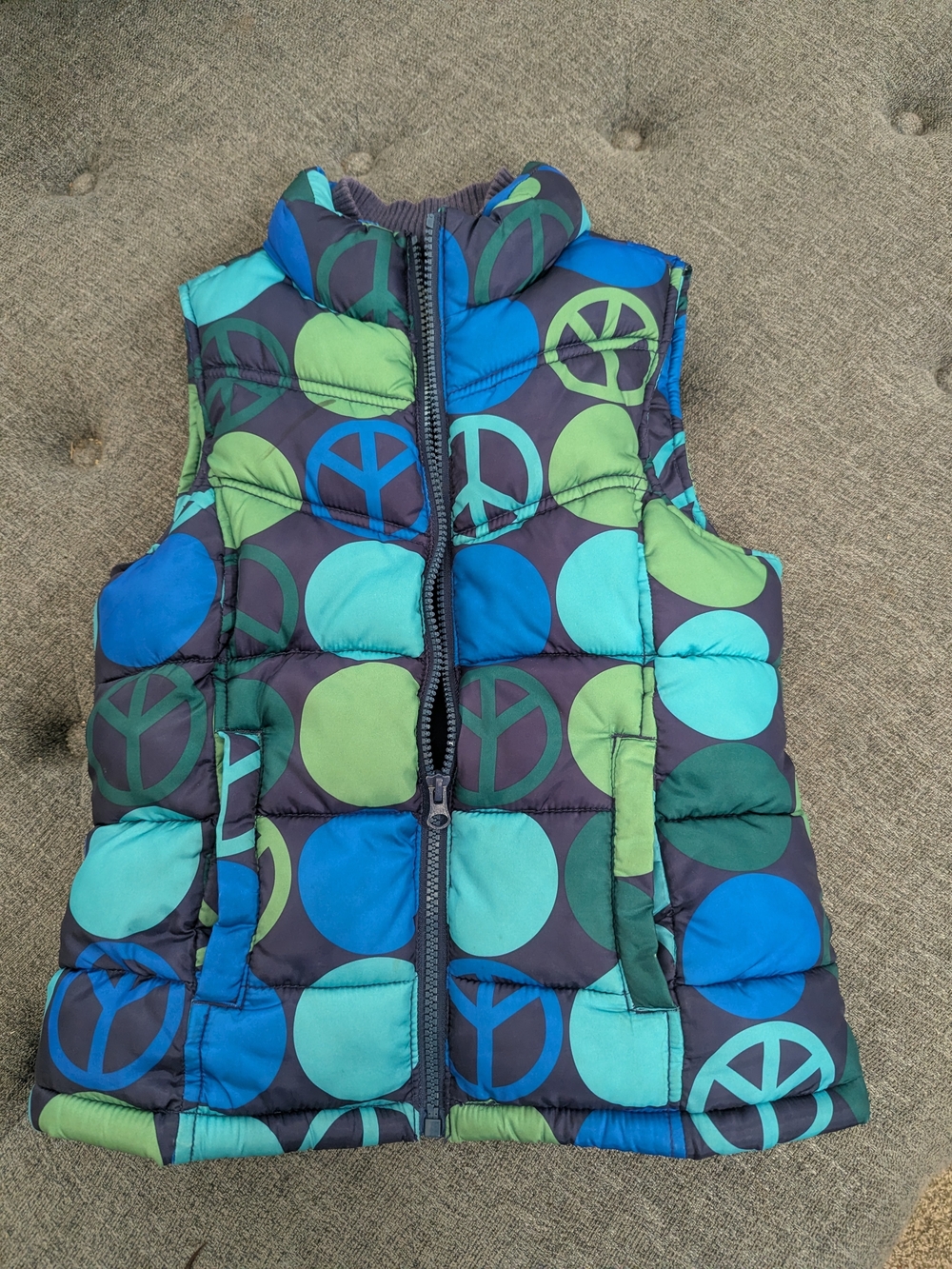 Old Navy Blue & Green Peace Sign Puffer Vest